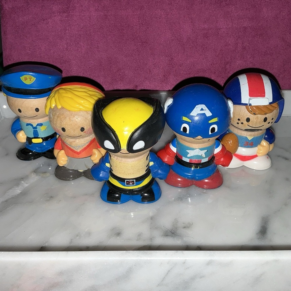 Lot of 5 Learning Curve Play Town Wooden Doll Figures Avengers Police Wolverine